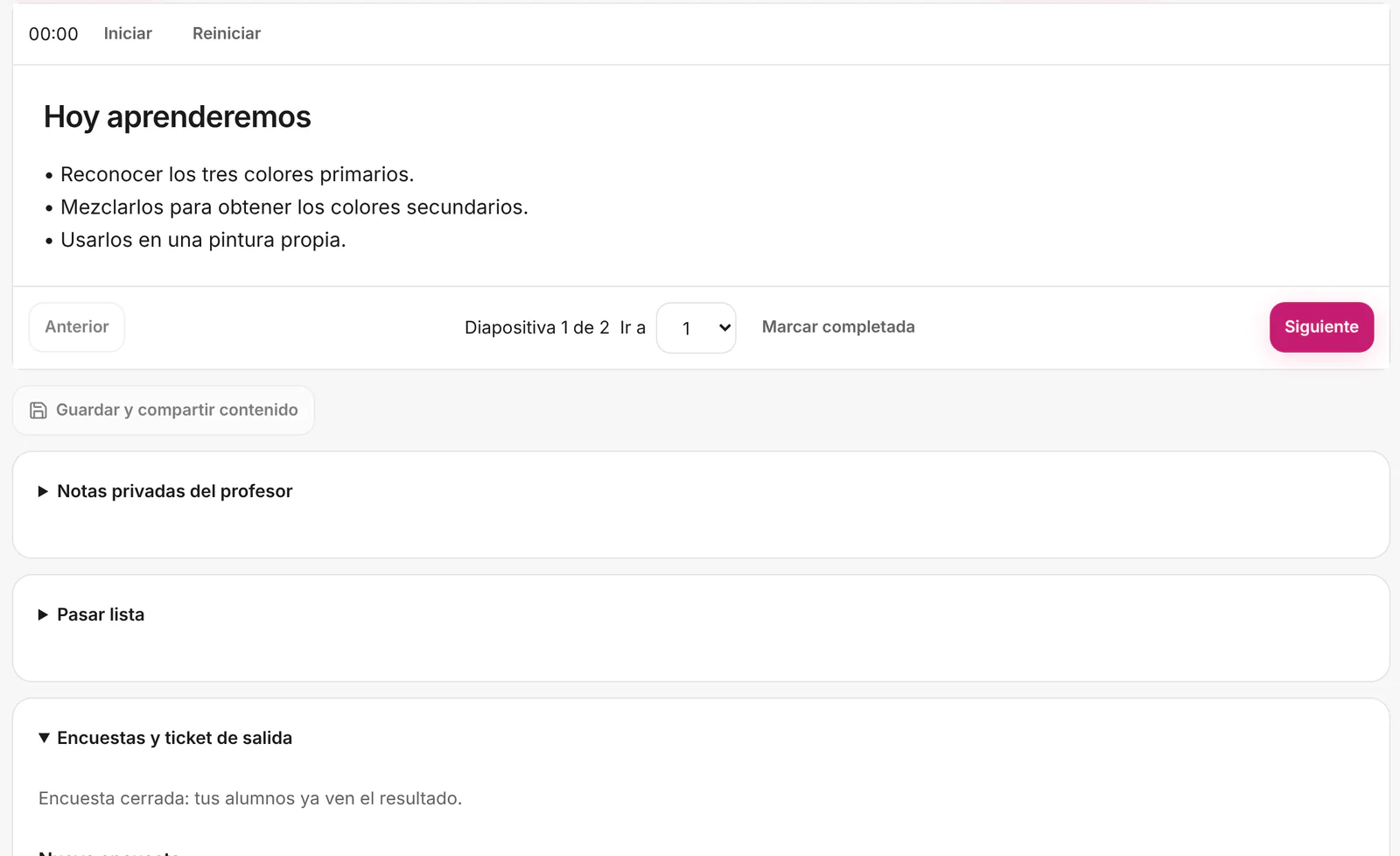 Captura de «Dar clase» en la computadora de una docente: la diapositiva «Hoy aprenderemos» con tres objetivos, los botones «Anterior» y «Siguiente», «Guardar y compartir contenido» y, debajo, los apartados «Notas privadas del profesor», «Pasar lista» y «Encuestas y ticket de salida».